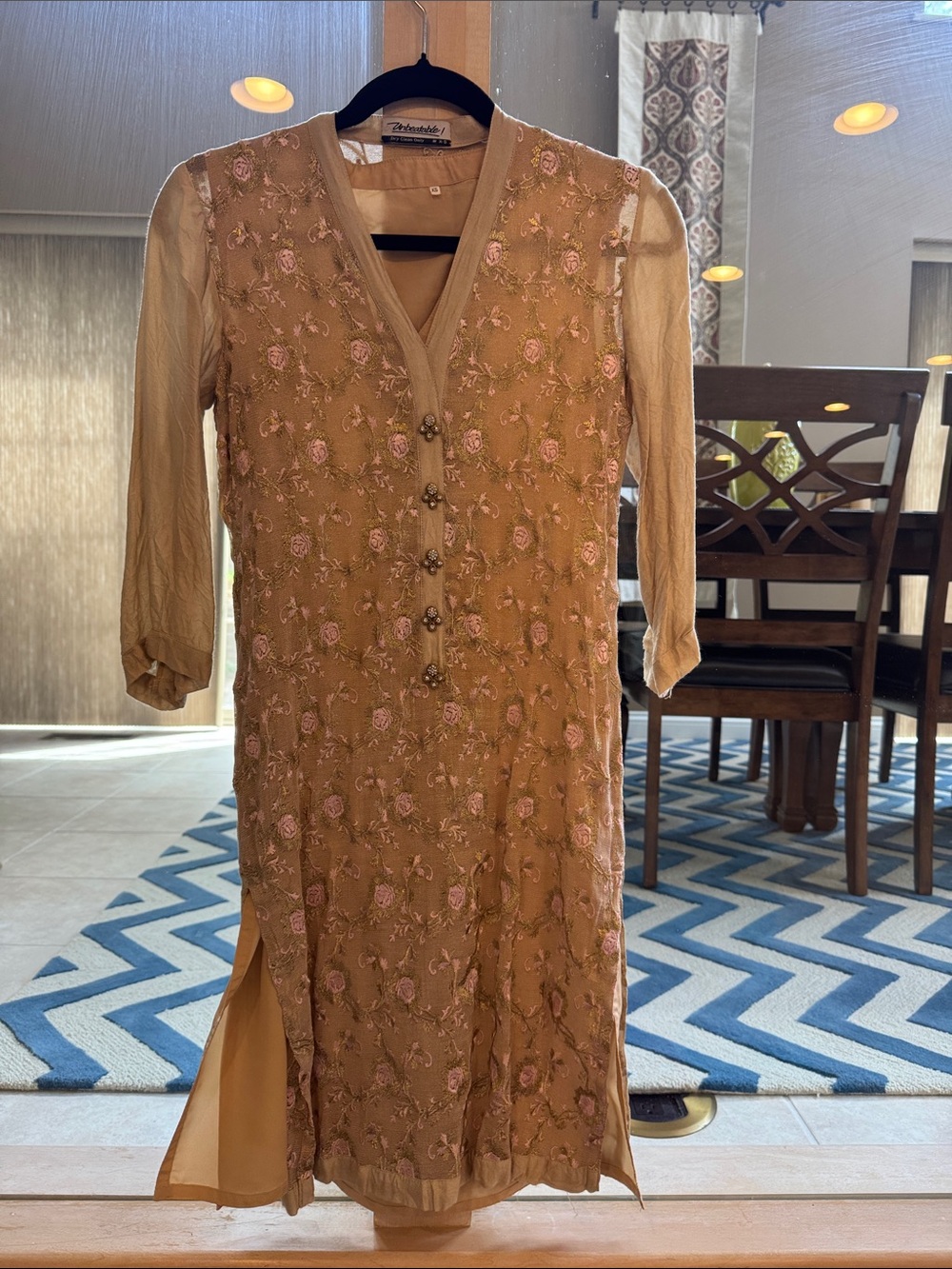 Embroidered Beige & Pink Kurta Dress - Picture 2 of 3
